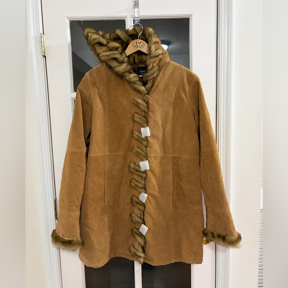 Dennis Basso Genuine Leather Faux Fur Lined Coat - Size L - NWT